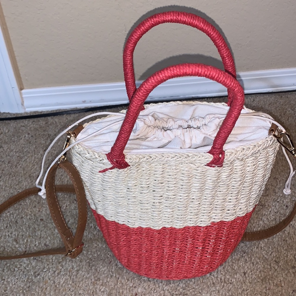 Marabelle Pink White Straw Drawstring Top Crossbody